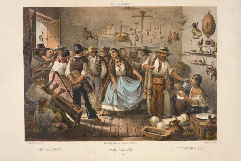 Vestidos mexicanos de C. Castro, pintura a óleo, apresentando cores vibrantes e movimento dinâmico dos tecidos.