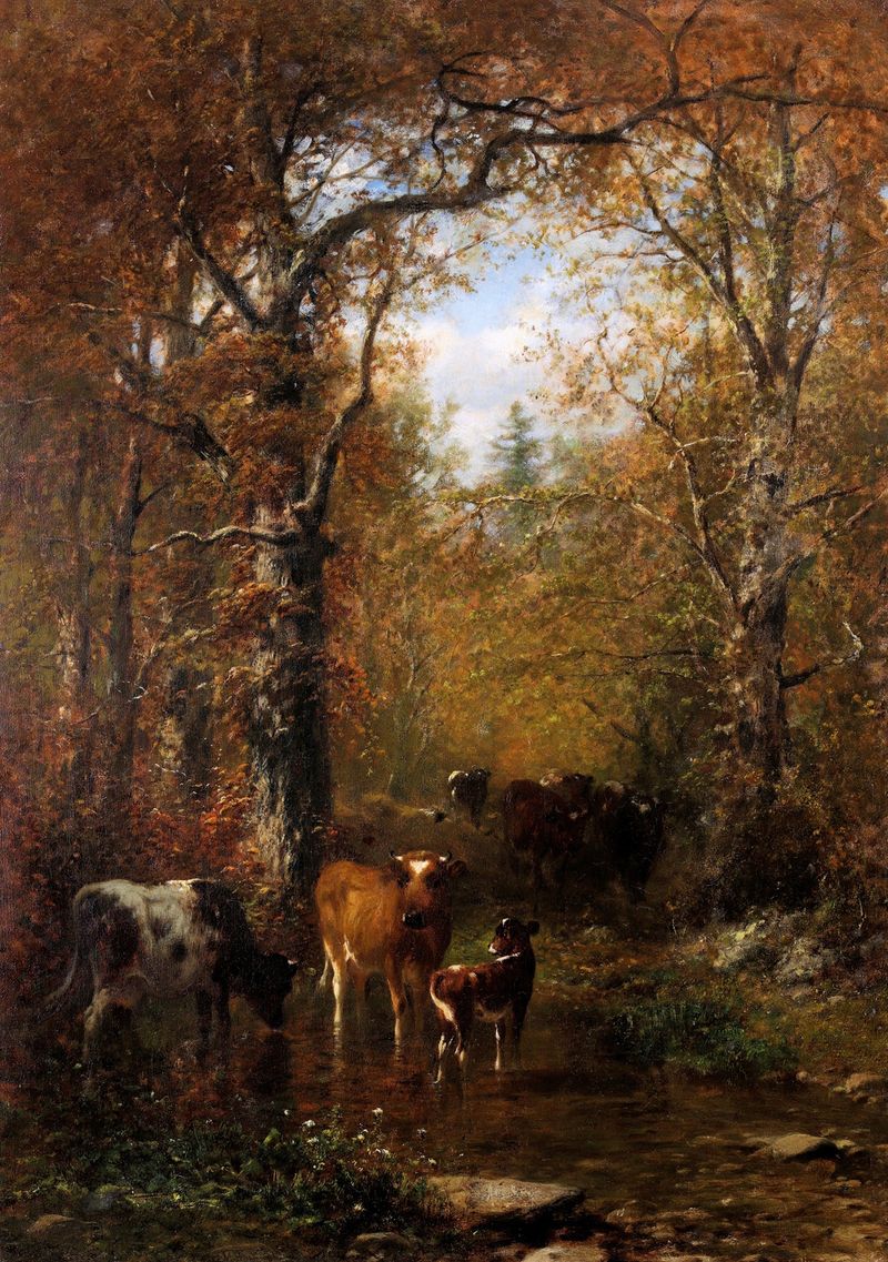 Cattle by a Stream in a Wooded Landscape, oil painting by James McDougal Hart