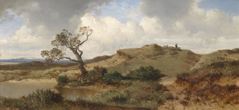 Landscape by Albert Zimmermann, depicting a valley with greens and blues, oil painting