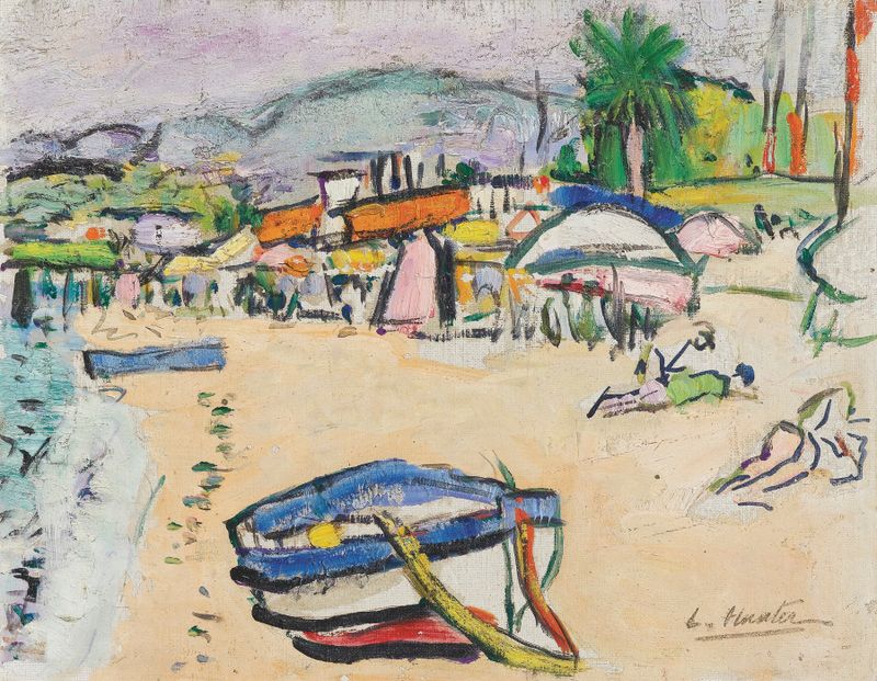 On The Beach, South Of France by George Leslie Hunter, oil painting depicting a sunlit beach.