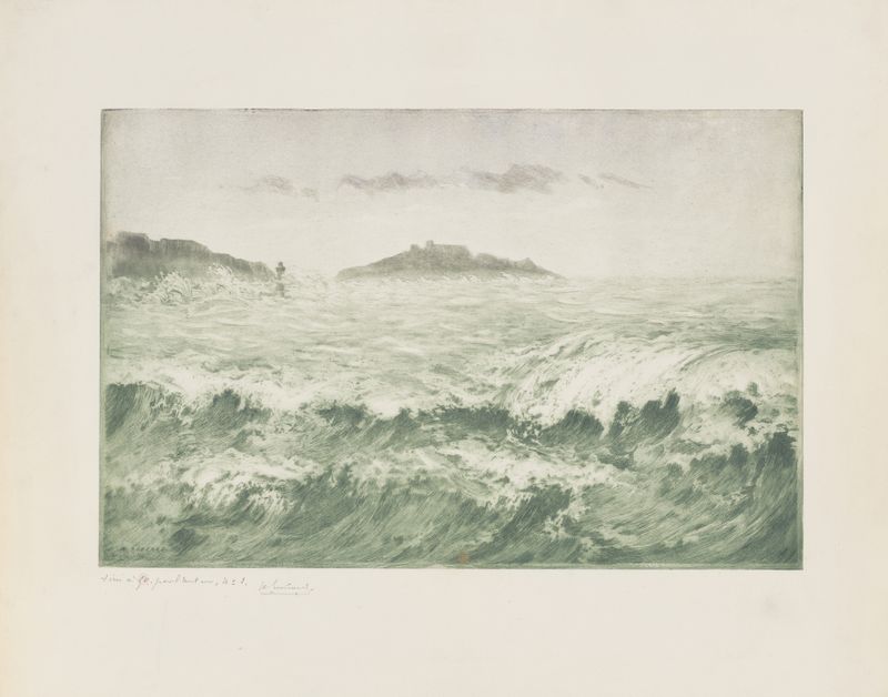 La Vague, Marseille by Henri-Charles Guérard, etching depicting crashing waves and rocky shore