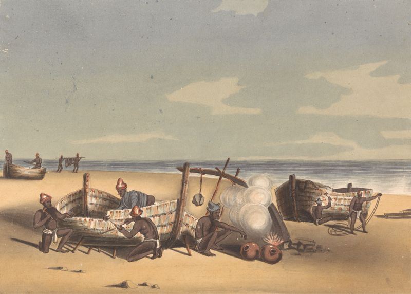 Building and Repairing Masoola Boats by John Gantz, oil painting depicting boat craftsmanship.