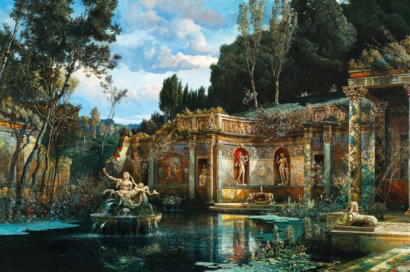 Un paisaje de parque con nymphaeum, Roma de Max Röder, pintura al óleo que muestra un jardín sereno con una cascada.