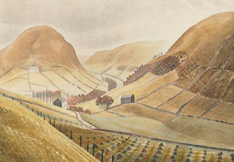 Corn Stooks and Farmsteads by Eric Ravilious, watercolor on paper, featuring golden stooks and a hillside