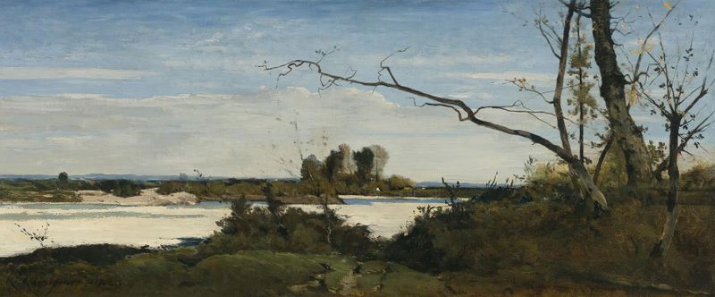 Bords De La Loire, óleo sobre tela de Henri-Joseph Harpignies, retratando uma paisagem de rio tranquila.