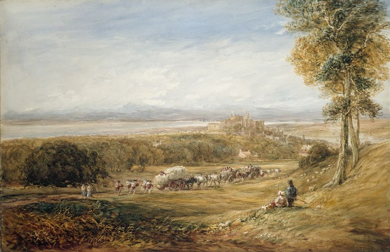 Lancaster, Paz e Guerra de David Cox, Romantismo, retratando figuras em uma paisagem serena com cores pastel.