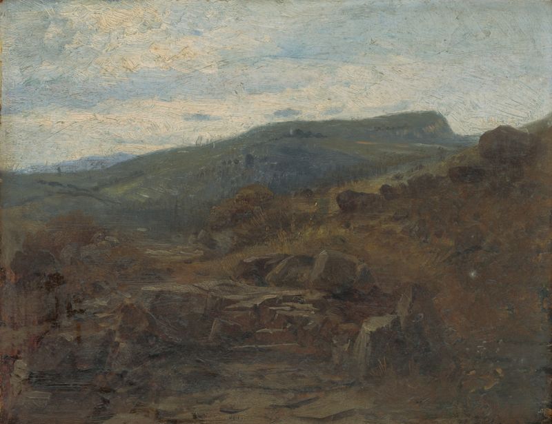 Paisagem ao redor de Kremnica de Vojtech Angyal, óleo sobre tela, retratando colinas e um céu suave