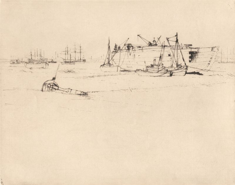Grabado de Sir Frank Short que representa el naufragio del Great Eastern en el océano.