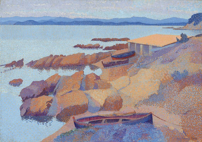 Calanque des Antibois de Henri-Edmond Cross, pintura a óleo que retrata uma cena vibrante do Mediterrâneo.