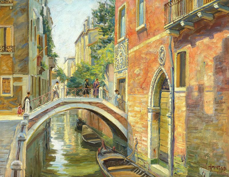Veneziansk kanalparti de Johannes Wilhjelm, impresionismo, que muestra un sereno canal veneciano al atardecer.