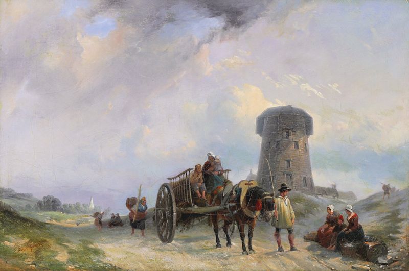 Fisherfolk on a Coastal Path de Clarkson Frederick Stanfield, óleo sobre lienzo que muestra una escena costera con una tor...