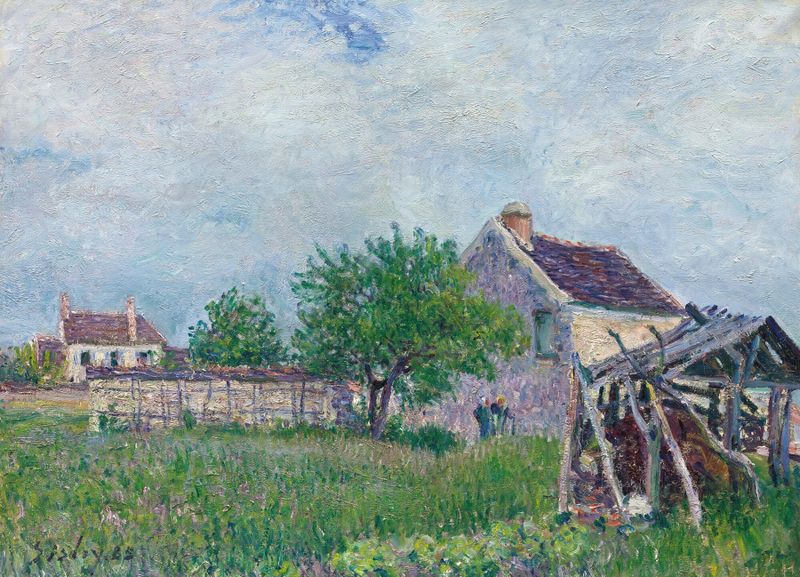 Paisaje con una antigua cabaña, pintura al óleo de Alfred Sisley
