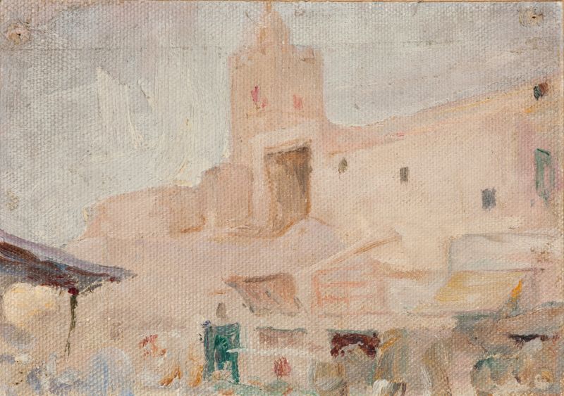 Kairouan de Jan Ciągliński, óleo sobre lienzo que representa un paisaje vibrante con arquitectura antigua.