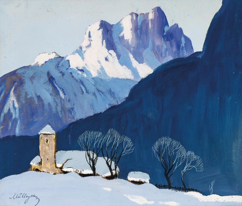 Winterlandschaft vor Bergkulisse by Oskar Mulley, oil painting depicting a snowy landscape with mountains.