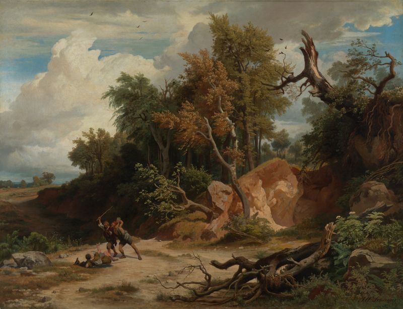 Pintura al óleo de Johann Wilhelm Schirmer que muestra a un viajero en un bosque sombrío.