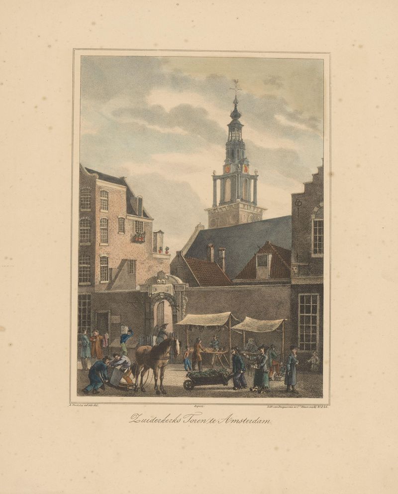 Zuiderkerks Toren te Amsterdam by Abraham Vinkeles, oil painting depicting a tower in a cityscape