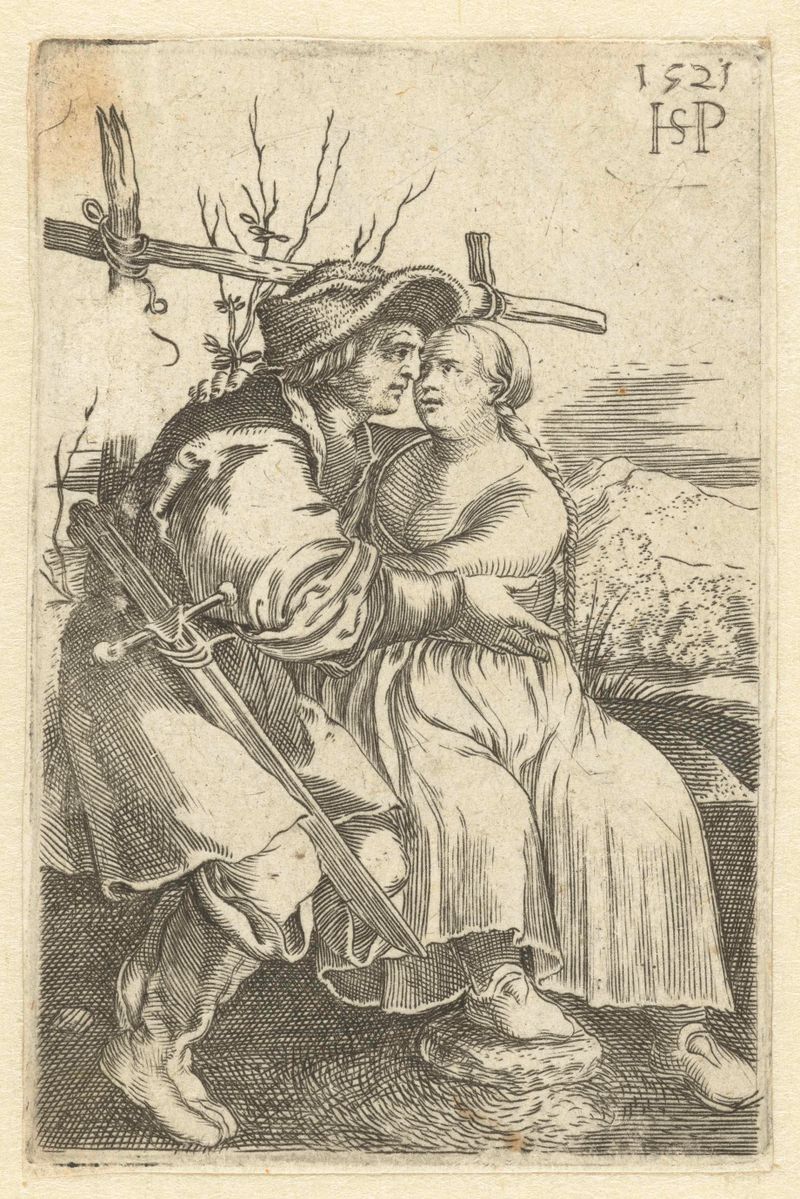 Gravura de Unknown Artist retratando um casal de camponeses em um abraço terno