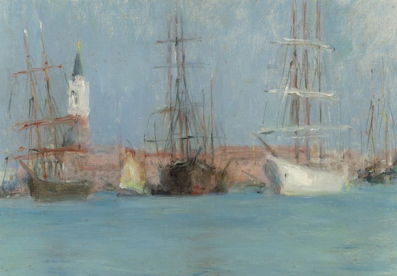 Pintura al óleo de Charles Stuart Forbes que muestra barcos en los canales venecianos al atardecer.
