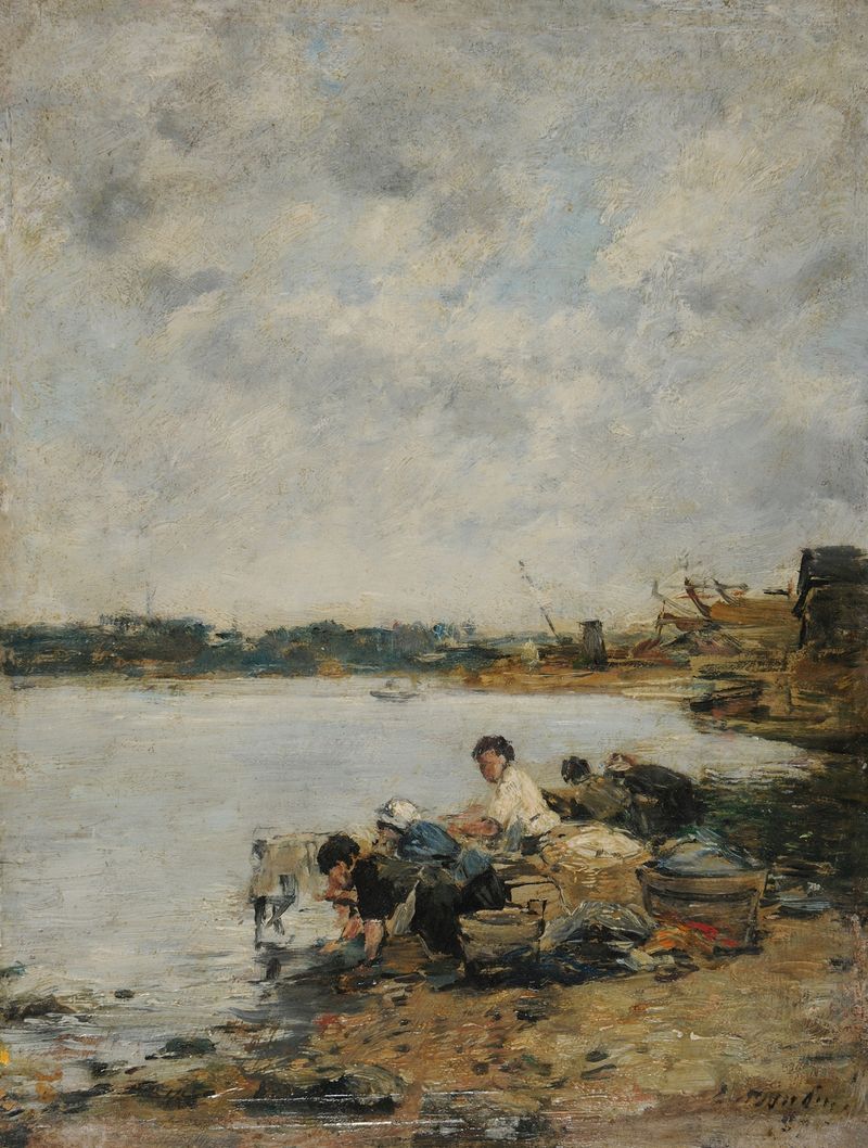Pintura de paisagem a óleo de Eugène Boudin com um rio ao amanhecer