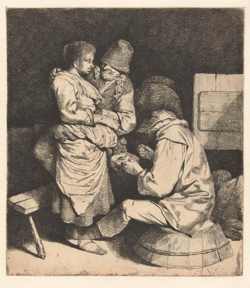 Etching by Cornelis Pietersz. Bega depicting a man holding a woman in a tavern
