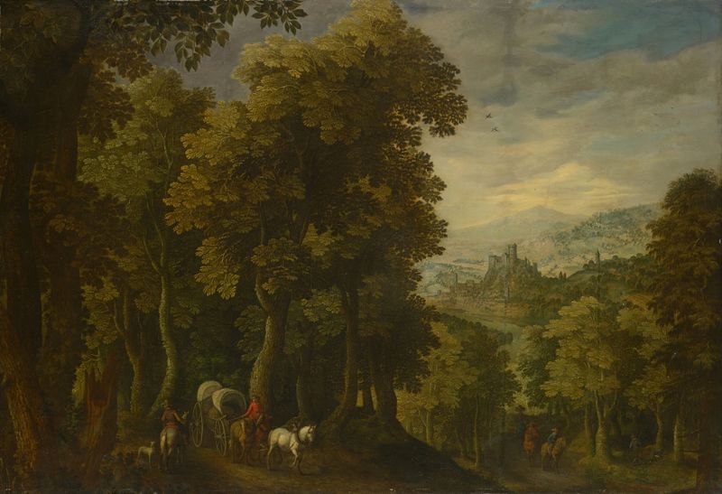 Paisagem da floresta com um coche, óleo sobre tela de um artista desconhecido