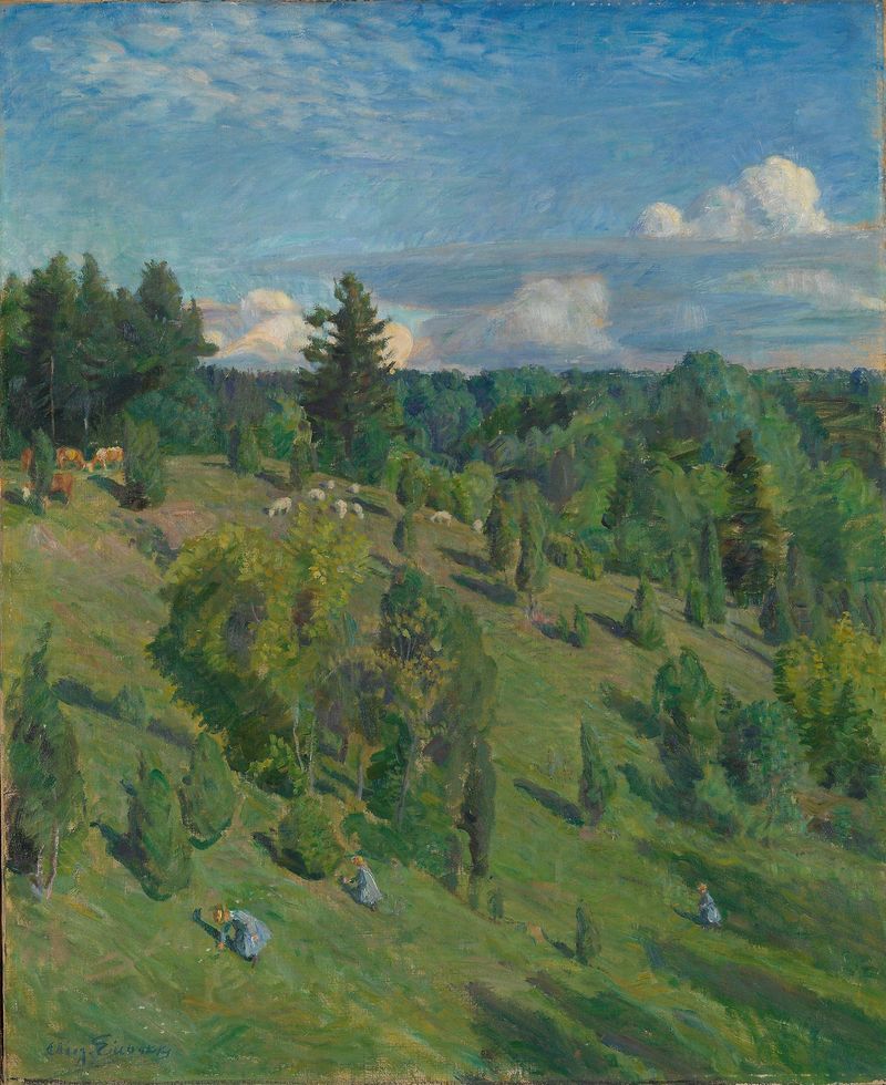 Paisaje en Sol de August Eiebakke, óleo sobre lienzo que muestra un prado iluminado por el sol con colores vibrantes.