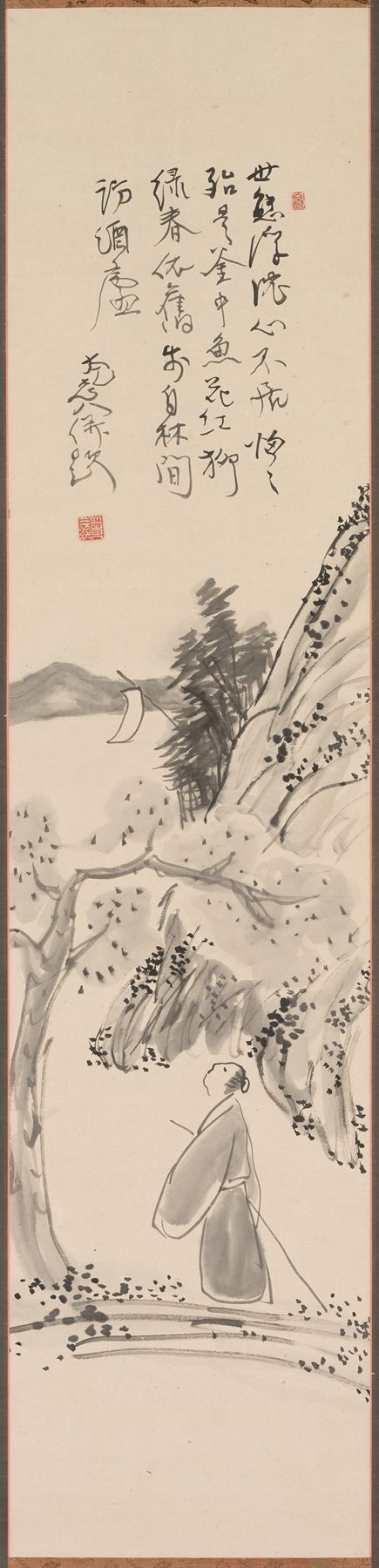 Paisaje Ukiyo-e de Murase Taiitsu que representa la primavera con figuras serenas.
