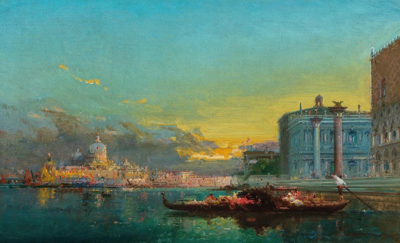 Twilight landscape featuring Santa Maria della Salute, oil painting by Henri Duvieux