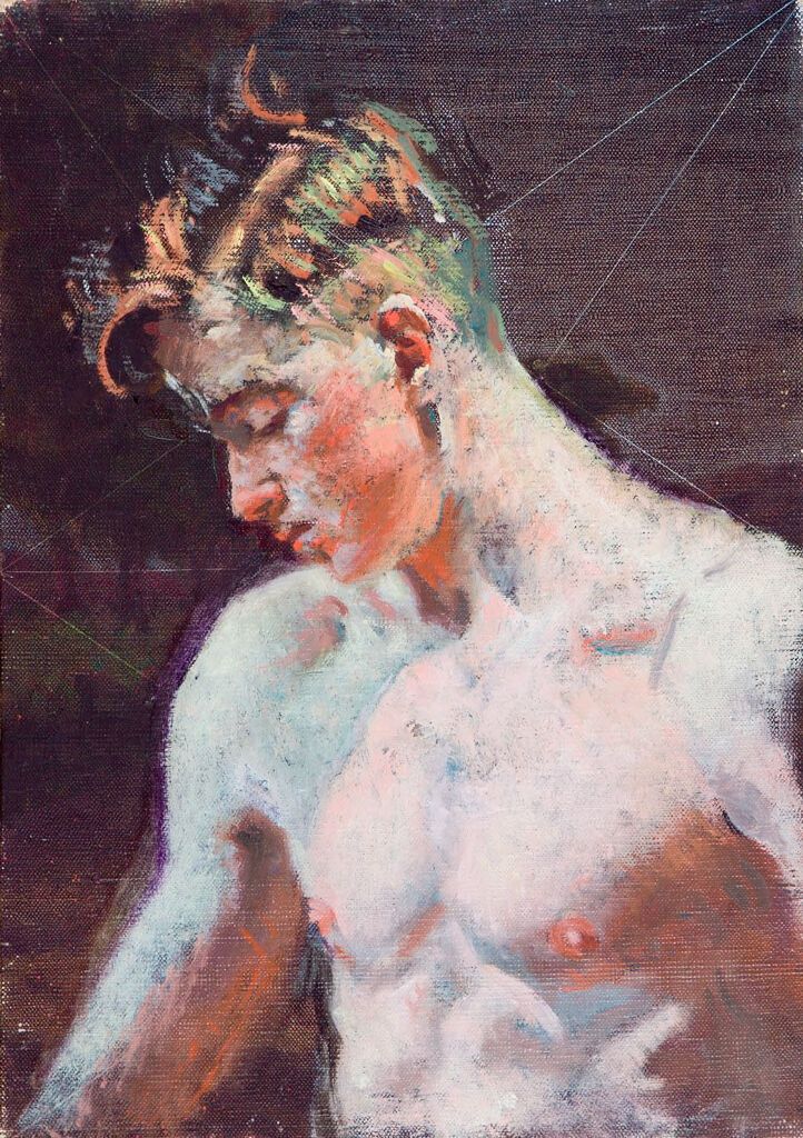 Retrato de um jovem sem camisa em luz dourada, óleo sobre tela de Denman Waldo Ross