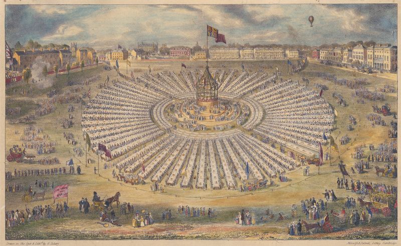 A genre scene of a crowd celebrating in a park, oil painting by George Johann Scharf