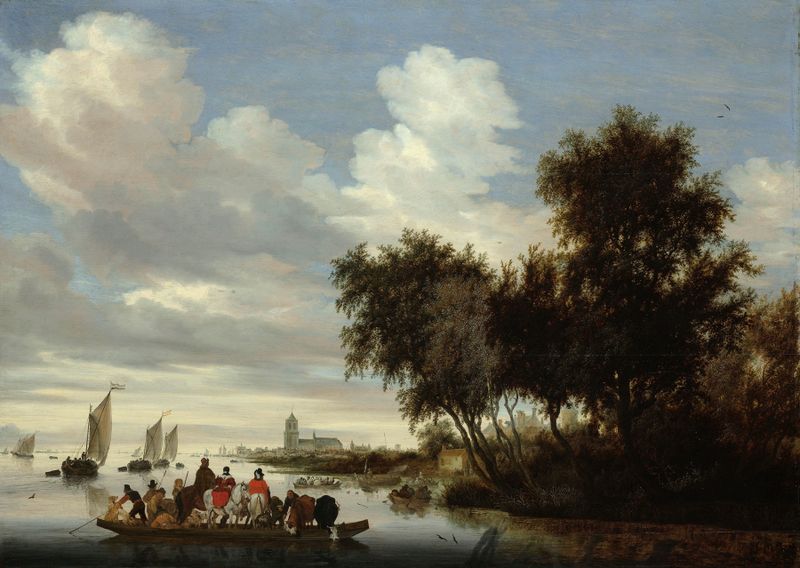 River landscape with ferry, oil painting by Salomon van Ruysdael