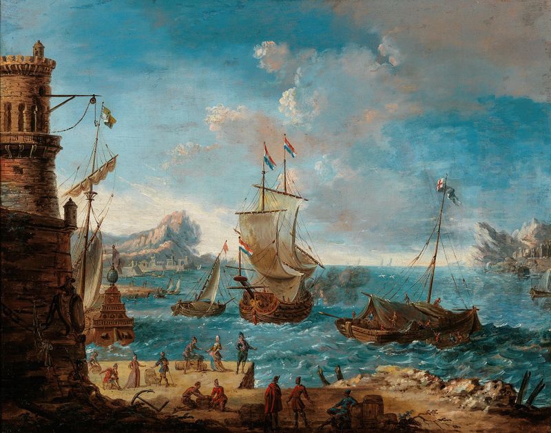 Coastal landscape with figures conversing, ships in the background, by Lodovico Mattioli, oil painting.