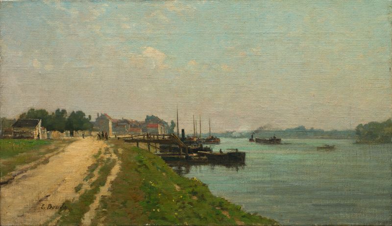 Banks of the Seine, óleo sobre tela de Unknown Artist, retratando uma cena tranquila de rio com reflexos.