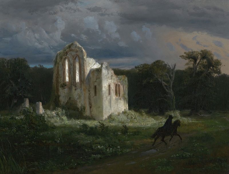 Moonlit landscape with ruins, oil on canvas by Arnold Böcklin