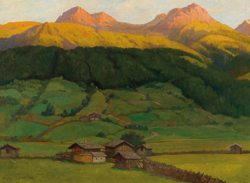 Twilight landscape depicting mountains, oil painting by Konstantin Stoitzner