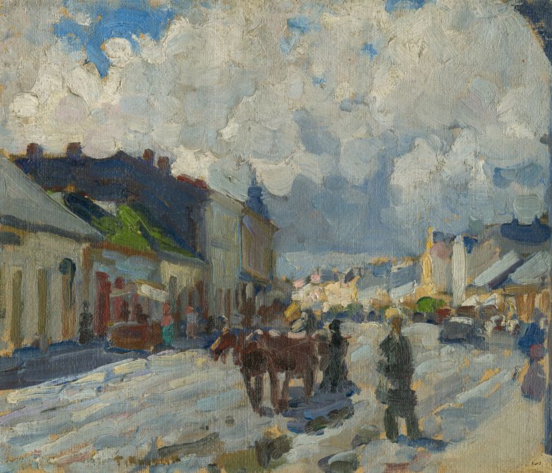 Cena de gênero representando uma rua movimentada em Michalovciach, pintura a óleo de Jozef Teodor Mousson