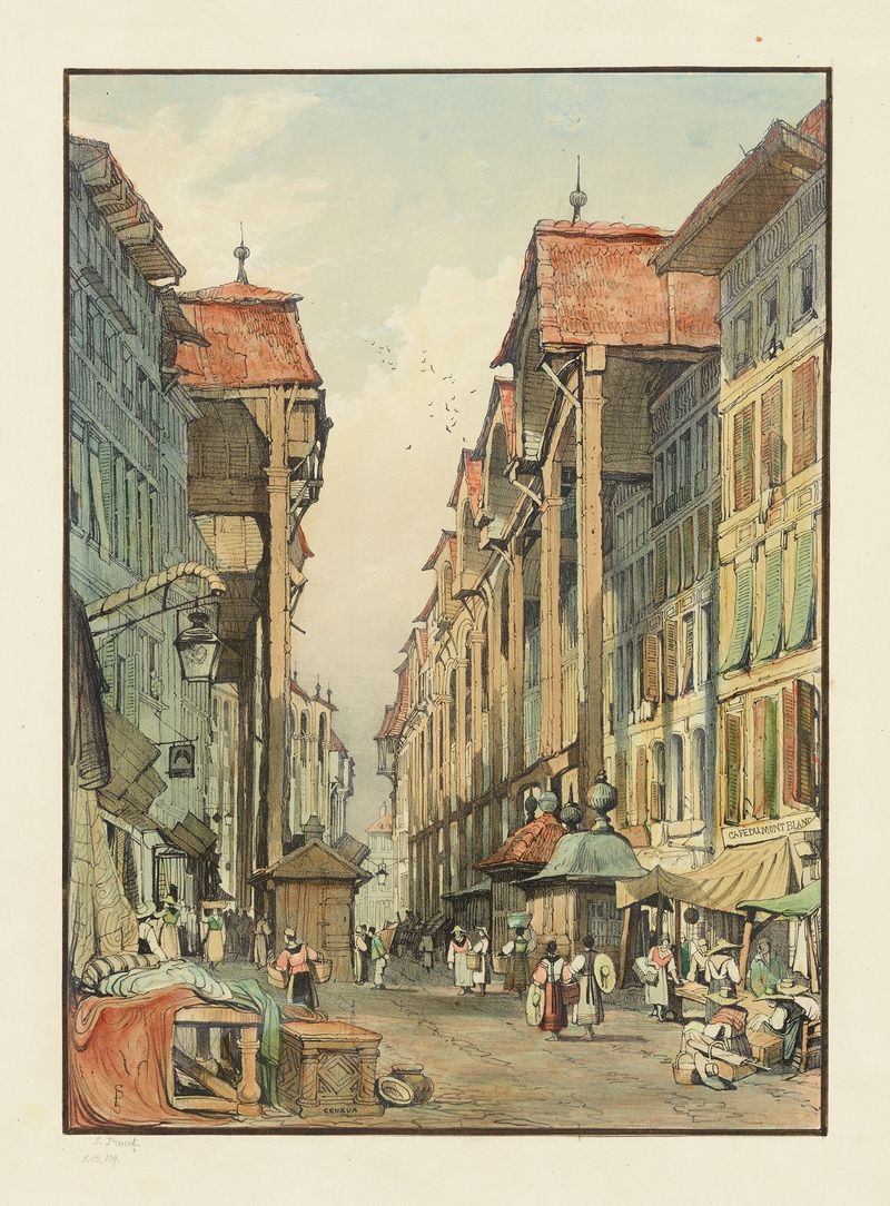 Street Scene Geneva by Samuel Prout, depicting a genre scene with evening light and cobblestone streets.