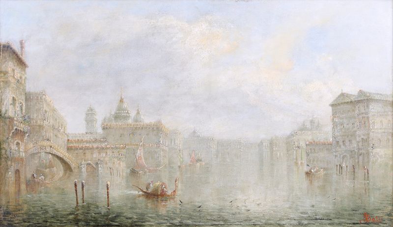 A Venetian Capriccio de James Salt, óleo sobre lienzo que muestra canales y reflejos.