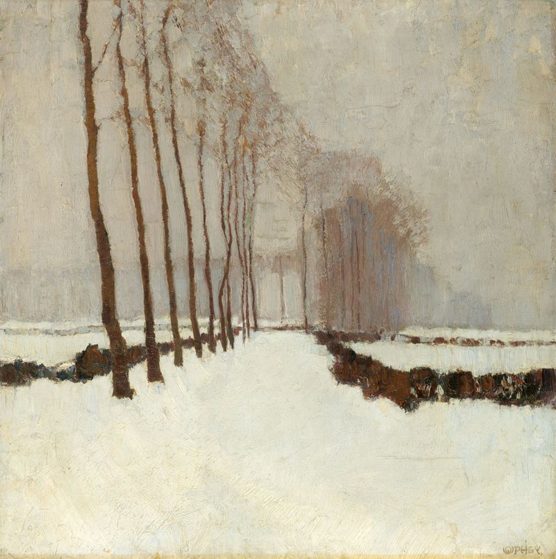 Expressionist landscape of poplar trees in winter by Walter Ophey