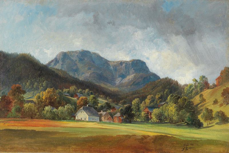 Reflection of Sandling mountain on lake, oil on canvas by Friedrich Zeller