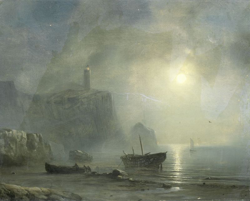Costa rochosa iluminada pela lua com ondas cintilantes, pintura a óleo de Théodore Gudin