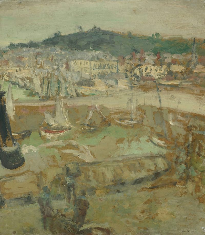 Le Petit Port, Honfleur by Édouard Vuillard, oil on canvas depicting a tranquil harbor with boats.