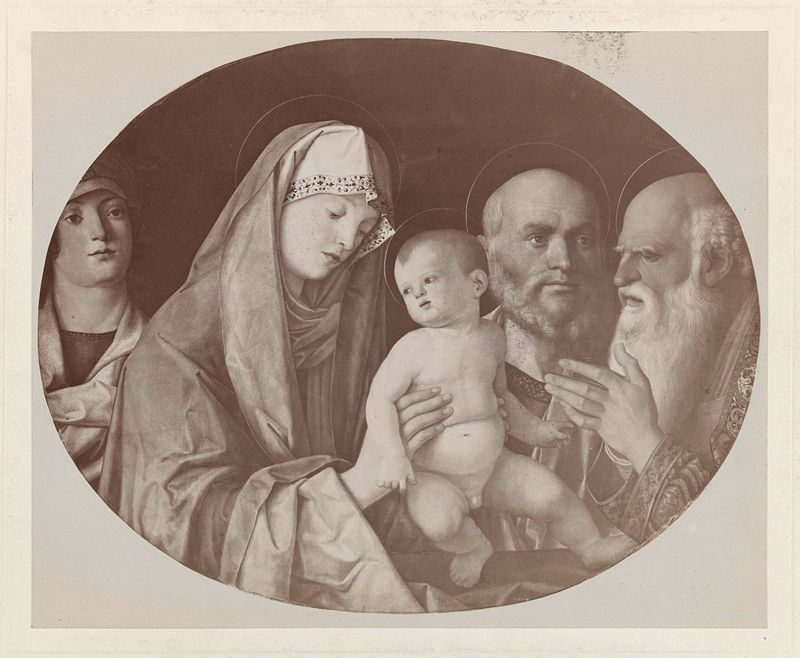albumen print de Josef Löwy que representa a Cristo, María, dos reyes y un pastor.