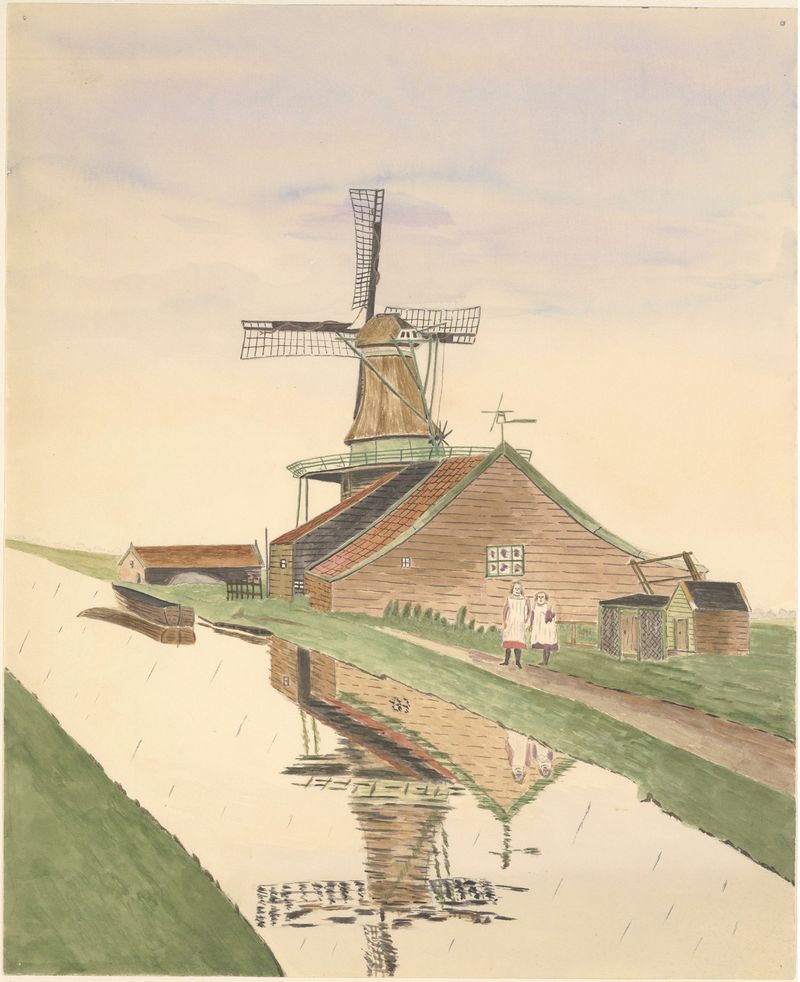 Paisagem com um moinho de mostarda e duas meninas, pintura a óleo de Johannes Nicolaas Eijman