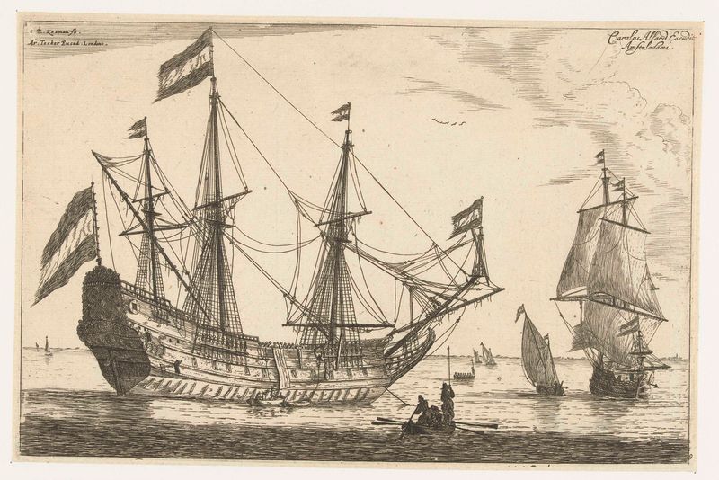 Groot zeilschip en een roeiboot, gravura de Reinier Nooms retratando um barco no mar.