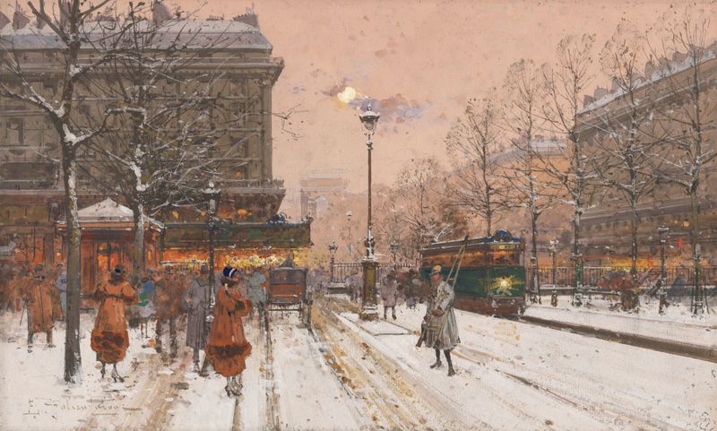Pintura al óleo de Eugène Galien-Laloue que muestra un bulevar cubierto de nieve en París.