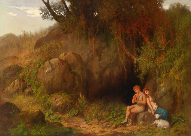 Escena de género que muestra a una pareja de pastores en tonos cálidos, de Georg Kugler