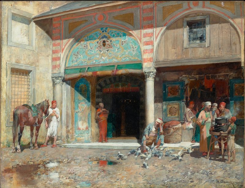 Óleo sobre tela de Alberto Pasini retratando uma mesquita com luz suave e detalhes intrincados.