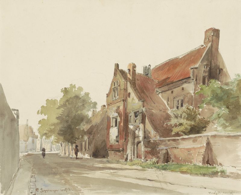 Architecture of Het oude gasthuis te Hasselt, oil on canvas by Cornelis Springer