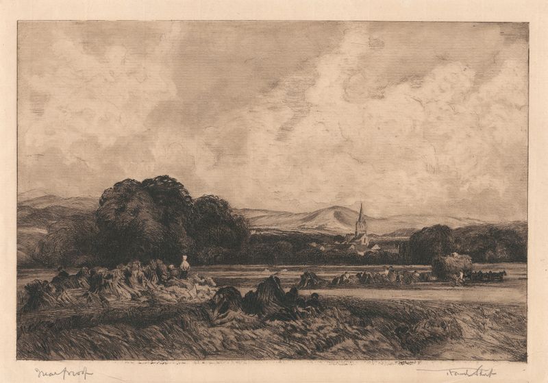 Cornfield Ivinghoe de Sir Frank Short, pintura a óleo que retrata um campo de milho dourado ao pôr do sol.
